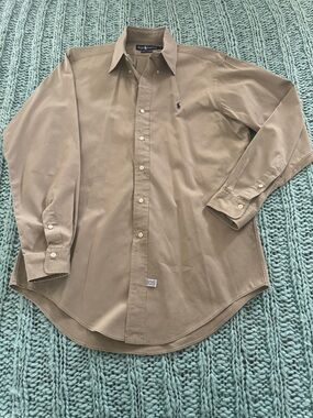 Polo by Ralph Lauren Men’s Khaki Button-Down Shirt with Navy Pony